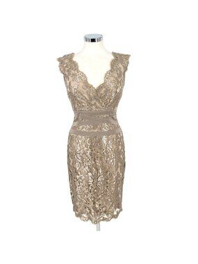 Tadashi Shoji Lace Sequin Sheath Dress Sleeveless V-Neck Taupe Beige Size 8